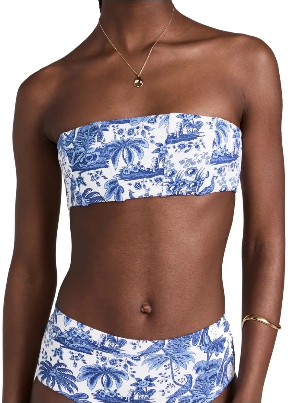 STAUD Blue and White Tropical Print Bandeau Bikini Top